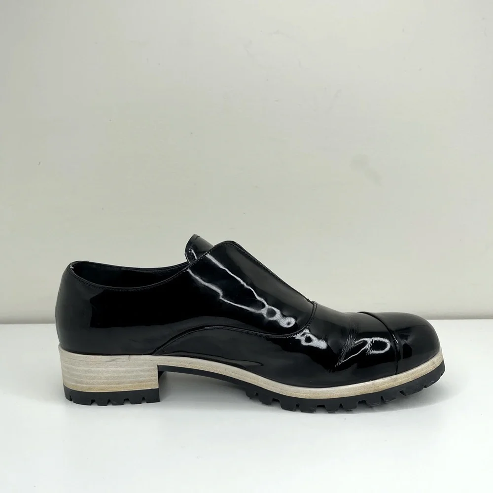 Miu Miu Black Patent Leather Derby Loafers Size 37.5 quiet luxury modern preppy